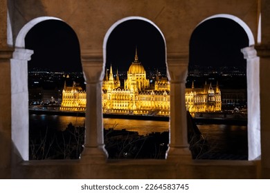 Night time view of the illuminated Hungarian Parliament Building from the Fisherman's Bastion in Budapest, Hungary. - Shutterstock ID 2264583745