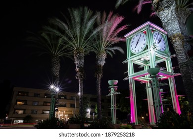 Night time view of the public clock tower in Garden Grove, California, USA.