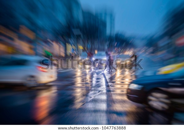 night traffic in the\
city, rainy night 