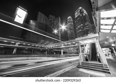 Night Traffic In Downtown District Of Hong Kong City