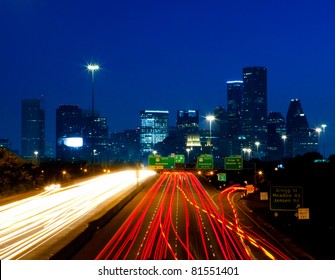 Night Traffic Into Downtown Houston, Texas