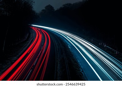 Night Traffic Light Trails on a Curved Road