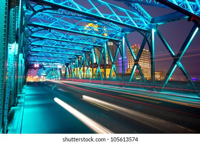 Night Traffic Lights Inside Of Steel Bridge