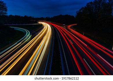 Night Traffic With Long Exposure Light Trails Of Cars