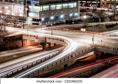 Night Traffic In The West Loop Neighborhood At Randolph Street And Interstate 90. Main Streets In Chicago, Streets In Illinois. Long Exposure.