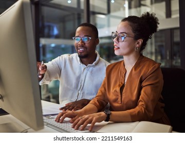 Night training, teamwork and employees planning marketing strategy in a dark office on computer at work. Corporate African man and woman talking about business collaboration during overtime together - Shutterstock ID 2211549163