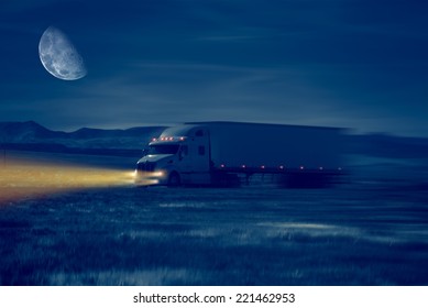 Night Truck Drive in Desert Area. Trucking Concept Illustration.
