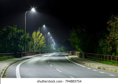 Night Urban Road At Night Wit Modern LED Street Lights