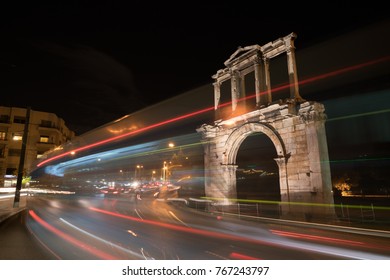 Night View Arch Of Hadrian That Leads To The Pillars Of Zeus's Archaeological Site.