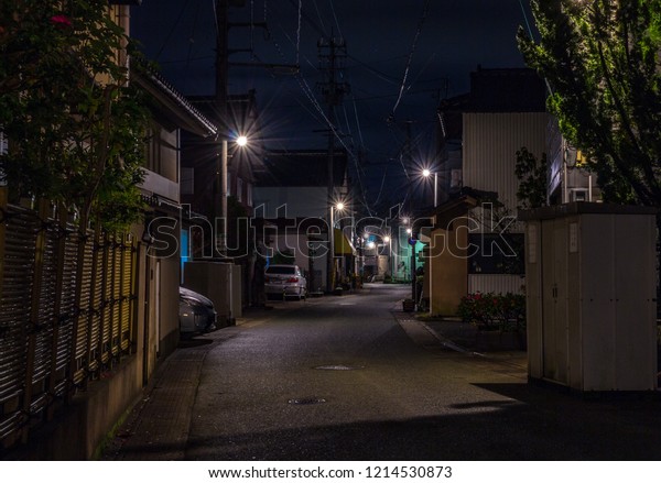 Night view of back streets in Wakura\
Onsen seaside resort, Noto Peninsula,\
Japan.