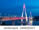 Night view of Baiju Temple Yangtze River Bridge, Chongqing, China.Chinese translation: Baiju Temple Yangtze River Bridge