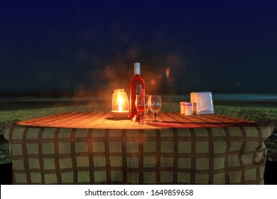 Night View Of Beach Party In Beach Cafe With Bottle Of Rose Wine And Glasses On The Table , GOA, India..