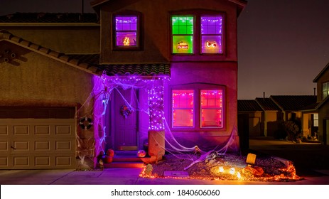 Night View Of A Beautiful Halloween Decoration House At Las Vegas, Nevada