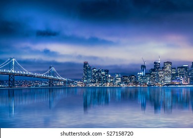 Night View Of Beautiful San Francisco Skyline And Bay Bridge