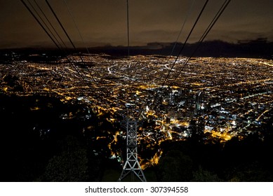 Night View Of Bogota, Colombia From Montserrate Mountain At Top Of Cable Car