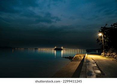 A night view of the bridge at night.