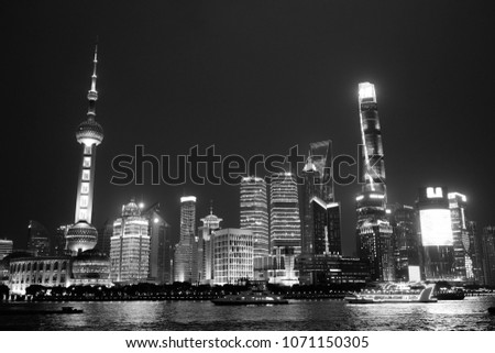A night view of the Bund, Shanghai/China. In black and white