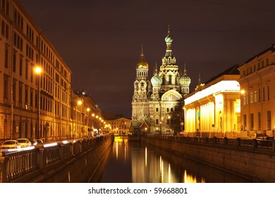 Night View Of The Church In St. Petersburg, Russia.