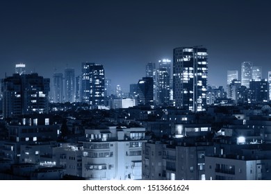 Night view of the city life. Light of the buildings shining with cool blue tones. View of night scene of Tel Aviv, Israel. Blue tone city scape. 