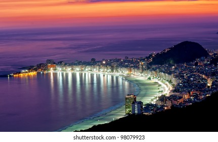 Night View Of Copacabana Beach. Rio De Janeiro. Brazil.