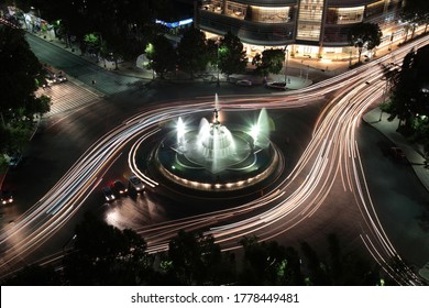 Night View Of Diana The Huntress Fountain And Car Lights Trails On Promenade Of The Reform In Mexico City, Mexico