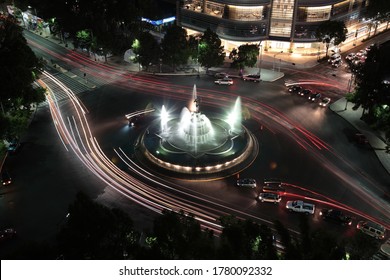 Night View Of Diana The Huntress Fountain And Car Lights Trails On Promenade Of The Reform In Mexico City, Mexico