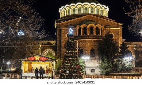 Night view in downtown Sofia Metropolitan Cathedral St. Great Martyr Nedelya, the scene of Christmas and Relics of St. King Stefan Milutin with Christmas decorations. Bulgaria