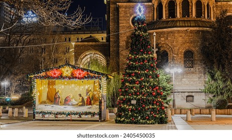 Night view in downtown Sofia Metropolitan Cathedral St. Great Martyr Nedelya, the scene of Christmas and Relics of St. King Stefan Milutin with Christmas decorations. Bulgaria