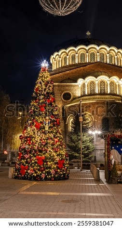 Night view in downtown Sofia Metropolitan Cathedral St. Great Martyr Nedelya, the scene of Christmas and Relics of St. King Stefan Milutin with Christmas decorations. Bulgaria