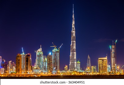 Night view of Dubai Downtown with Burj Khalifa - Shutterstock ID 363404951