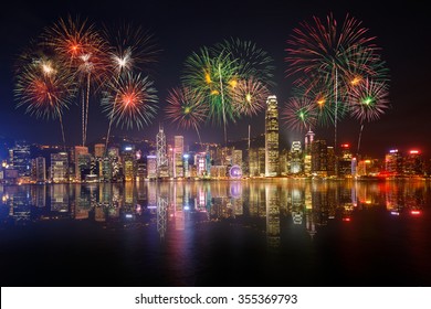 Night View And Fireworks At Victoria Harbour, Hong Kong