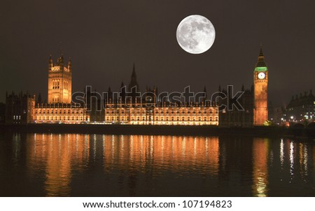 Night view with full moon of the Houses of Parliament Westminster Palace London