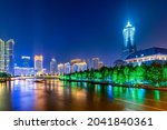  Night view of the global center of the West Lake Cultural Square of the ancient canal of Hangzhou Wulin gate 