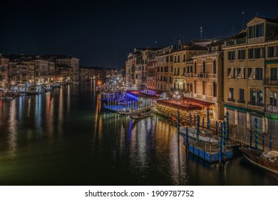 Night view of the Grand Canal seen from Rialto Bridge. Venice, Italy, September 2020