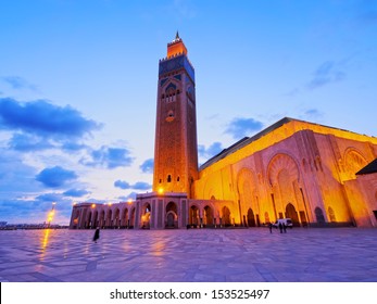 Night View Of Hassan II Mosque In Casablanca, Morocco, Africa