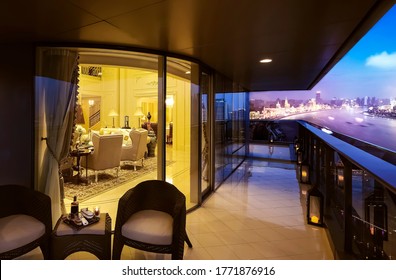 Night View Of The Huangpu River From The Balcony Of The Shanghai Luxury Hotel In Asia China