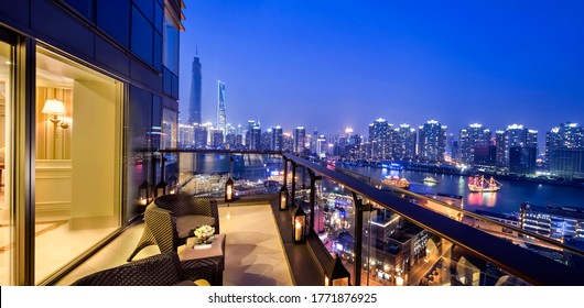Night view of the Huangpu River from the balcony of the Shanghai Luxury Hotel in Asia China