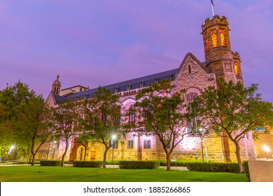 Night View Of Illuminated Bonython Hall Of University Of Adelaide, Australia