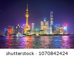 Night view of Illuminated Shanghai skyline and Huangpu river at night, Shanghai, China