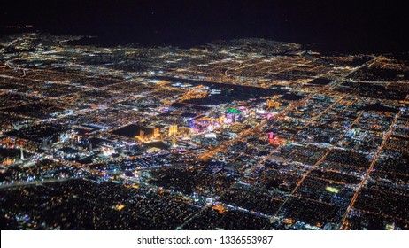 night view of Las Vegas city from airplane