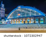 Night view of the Lime street train station in Liverpool, England