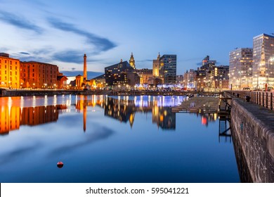 Night view of Liverpool,  skyline towards Albert Dock.