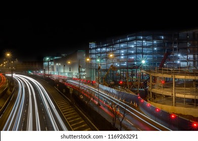 Night view of the M60 motorway and "Redrock", a £45m leisure development in Stockport, under construction. It opened in late 2017.