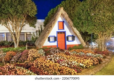 Night View Of Madeira Island Rural Traditional House Sunset Village Landscape, Portugal. City Of Santana.