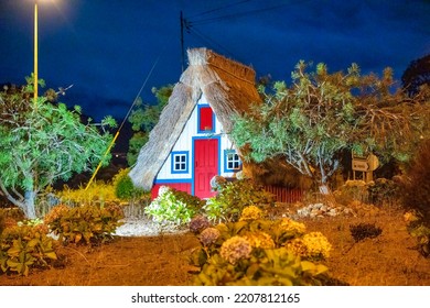 Night View Of Madeira Island Rural Traditional House Sunset Village Landscape, Portugal. City Of Santana.