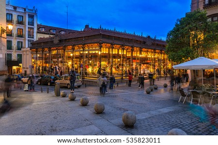 Night view of Mercado San Miguel in Madrid, Spain. Mercado San Miguel of Madrid is one of the most popular landmark in Madrid, Spain. Architecture and landmark of Madrid.