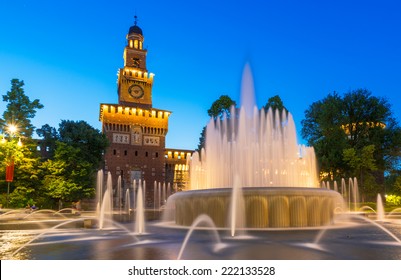 Night View Of Milan Sforza Castle (Castello Sforzesco) In Milan, Italy. Architecture And Landmarks Of Milan 