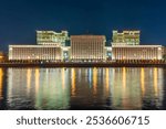 Night view of the Ministry of Defence of Russian Federation, and Moscow river embakment. Translation of the inscription on the facade - Ministry of Defense of the Russian Federation