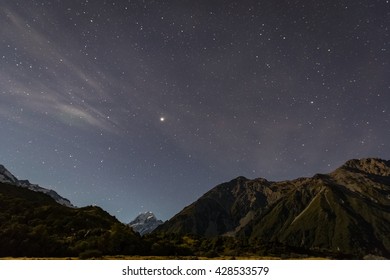 Night View With Mt. Cook And Stars In The Sky At White Horse Hill Campground