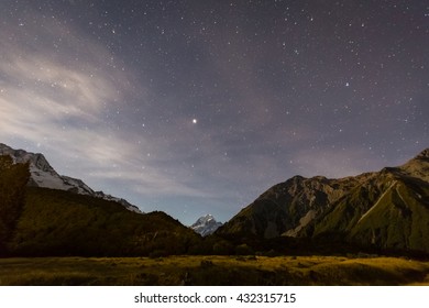 Night View With Mt. Cook And Stars In The Sky At White Horse Hill Campground